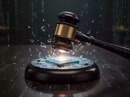 A stylized gavel striking a glowing, fragmented AI chip in a dark, reflective setting, symbolizing legal challenges against AI. - Foto: über boerse-global.de