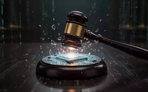 A stylized gavel striking a glowing, fragmented AI chip in a dark, reflective setting, symbolizing legal challenges against AI. - Foto: über boerse-global.de