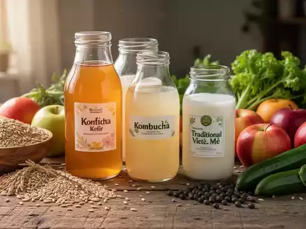 Ein Stillleben mit fermentierten Getränken wie Kombucha und M?, umgeben von ballaststoffreichen Lebensmitteln wie Obst, Gemüse und Getreide auf einem Holztisch. - Foto: über boerse-global.de