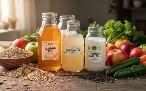Ein Stillleben mit fermentierten Getränken wie Kombucha und M?, umgeben von ballaststoffreichen Lebensmitteln wie Obst, Gemüse und Getreide auf einem Holztisch. - Foto: über boerse-global.de