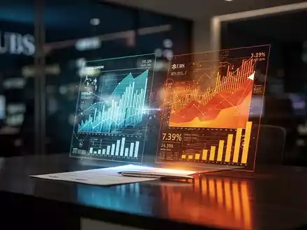 Zwei abstrakte Finanzberichte projiziert auf einen Schreibtisch, mit angedeutetem UBS-Logo im Hintergrund, symbolisieren Wettbewerb. - Foto: über boerse-global.de