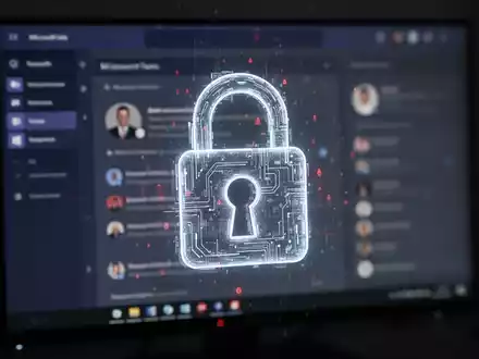A glowing digital lock icon overlaid on a blurred Microsoft Teams interface, symbolizing cybersecurity threats and login issues. - Foto: über boerse-global.de