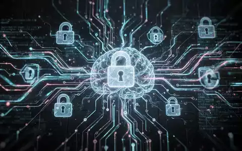 An abstract, glowing neural network with data streams and padlock icons, symbolizing AI security and data control. - Foto: über boerse-global.de
