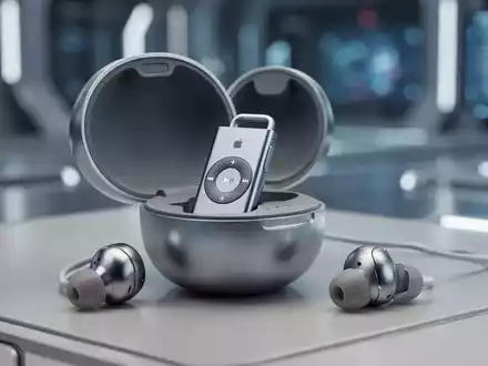 A sleek, minimalist, screenless AI audio wearable device with a premium metal finish in an egg-shaped charging case next to earbuds. - Foto: über boerse-global.de