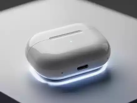 A close-up of a white Apple AirPods Pro charging case on a clean, modern surface, with a soft light underneath. - Foto: über boerse-global.de