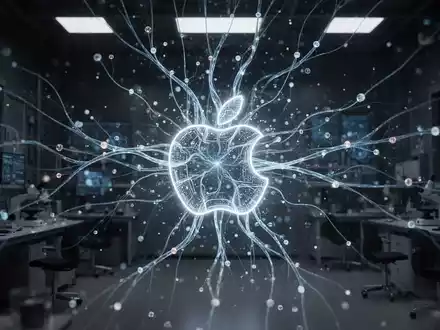 Glowing neural network lines and abstract data points forming an Apple logo, symbolizing on-device AI processing. - Foto: über boerse-global.de