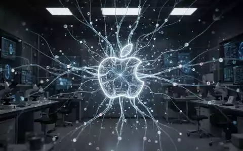 Glowing neural network lines and abstract data points forming an Apple logo, symbolizing on-device AI processing. - Foto: über boerse-global.de
