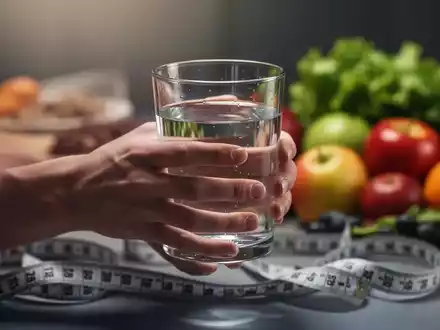 Hände halten ein Glas Wasser, im Hintergrund verschwommenes Maßband und gesunde Lebensmittel, die Fasten und Ernährung kontrastieren. - Foto: über boerse-global.de