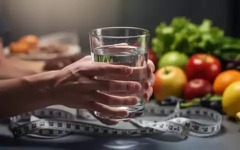 Hände halten ein Glas Wasser, im Hintergrund verschwommenes Maßband und gesunde Lebensmittel, die Fasten und Ernährung kontrastieren. - Foto: über boerse-global.de