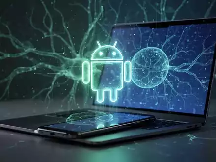 A glowing Android logo overlaid on a modern smartphone and laptop screen, with subtle AI neural network patterns in the background. - Foto: über boerse-global.de