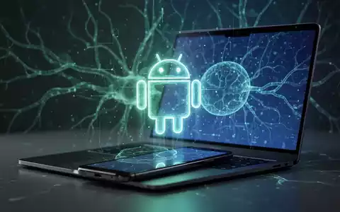 A glowing Android logo overlaid on a modern smartphone and laptop screen, with subtle AI neural network patterns in the background. - Foto: über boerse-global.de