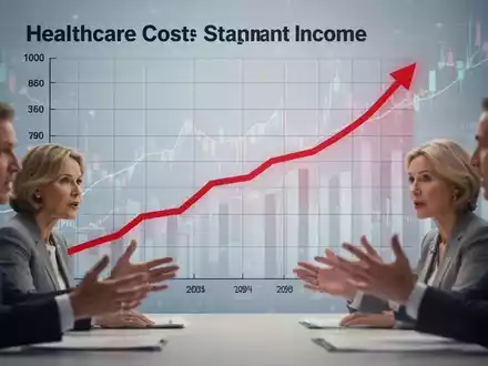 Ein stilisierter Graph zeigt steigende Gesundheitskosten und stagnierende Einnahmen, mit einer roten Linie, die ein wachsendes Defizit anzeigt. - Foto: über boerse-global.de