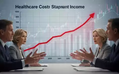 Ein stilisierter Graph zeigt steigende Gesundheitskosten und stagnierende Einnahmen, mit einer roten Linie, die ein wachsendes Defizit anzeigt. - Foto: über boerse-global.de