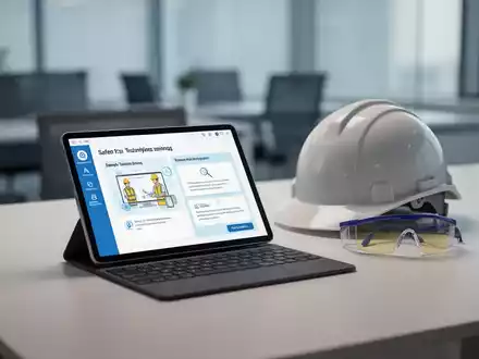Ein Tablet zeigt eine digitale Arbeitsschutzunterweisung, daneben liegen ein Schutzhelm und eine Schutzbrille. Fokus auf Digitalisierung. - Foto: über boerse-global.de