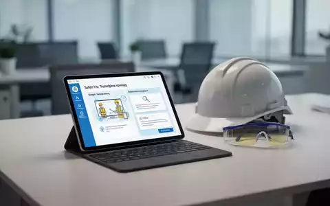 Ein Tablet zeigt eine digitale Arbeitsschutzunterweisung, daneben liegen ein Schutzhelm und eine Schutzbrille. Fokus auf Digitalisierung. - Foto: über boerse-global.de