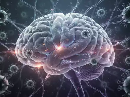 Eine Nahaufnahme eines stilisierten Gehirns, das aus leuchtenden neuronalen Netzwerken besteht, die mit abstrakten Viren und Bakterien verwoben sind. - Foto: über boerse-global.de