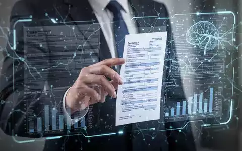 A hand interacts with a holographic tax form interface, showing complex data and AI neural network patterns, symbolizing AI in tax filing. - Foto: über boerse-global.de