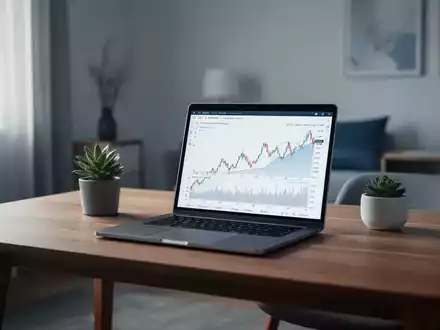 Ein minimalistischer Schreibtisch mit Laptop, Finanzdiagrammen und einem kleinen Pflanzen, in einem aufgeräumten, hellen Raum. - Foto: über boerse-global.de