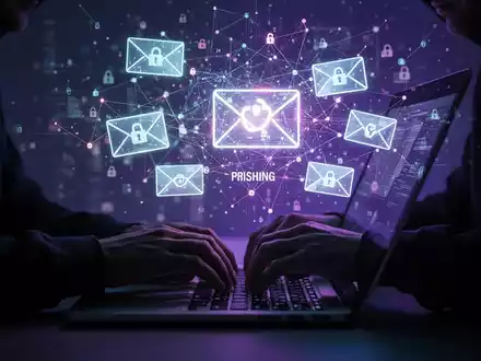 Shadowy hands typing on a laptop, surrounded by a glowing, abstract network representing digital threats and phishing emails. - Foto: über boerse-global.de