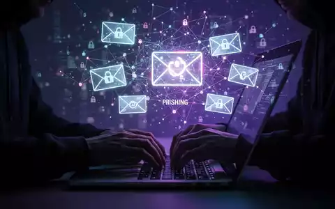 Shadowy hands typing on a laptop, surrounded by a glowing, abstract network representing digital threats and phishing emails. - Foto: über boerse-global.de