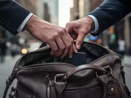 Eine Hand greift in eine offene Tasche, die einen Diebstahl symbolisiert, mit einem unscharfen städtischen Hintergrund. - Foto: über boerse-global.de