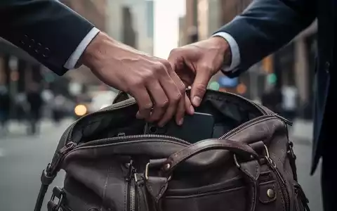 Eine Hand greift in eine offene Tasche, die einen Diebstahl symbolisiert, mit einem unscharfen städtischen Hintergrund. - Foto: über boerse-global.de