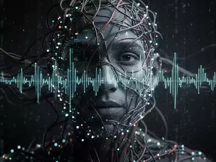 Abstract image of a distorted digital human face or voice waveform made of glowing data points and wires, symbolizing AI deepfake fraud. - Foto: über boerse-global.de