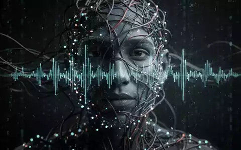 Abstract image of a distorted digital human face or voice waveform made of glowing data points and wires, symbolizing AI deepfake fraud. - Foto: über boerse-global.de