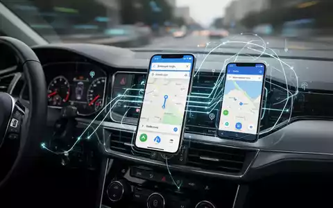A smartphone integrated with a car's Android Auto dashboard, showing a navigation app, with glowing lines symbolizing stable connectivity. - Foto: über boerse-global.de
