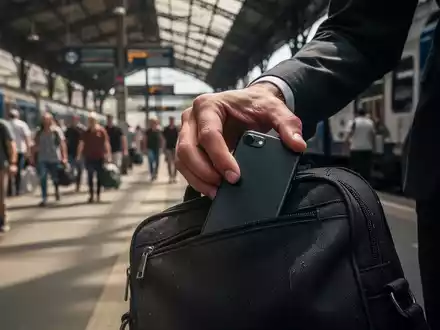 Eine Hand schiebt unauffällig ein Smartphone in eine Tasche, im Hintergrund eine belebte Touristengegend oder ein Bahnhof. - Foto: über boerse-global.de