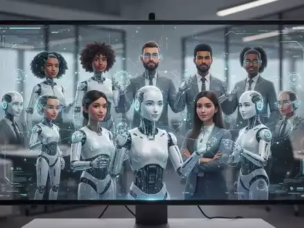 A digital screen showing diverse AI avatars, representing virtual presenters, in a modern office setting, illustrating Google Vids' new features. - Foto: über boerse-global.de