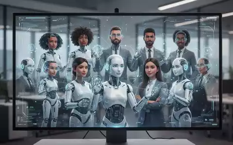 A digital screen showing diverse AI avatars, representing virtual presenters, in a modern office setting, illustrating Google Vids' new features. - Foto: über boerse-global.de