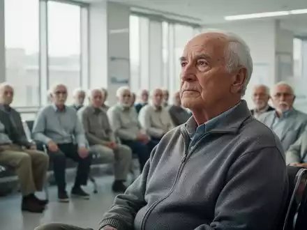 Eine Gruppe älterer Männer sitzt in einem hellen, modernen Wartezimmer eines Krankenhauses, einer davon nachdenklich. - Foto: über boerse-global.de