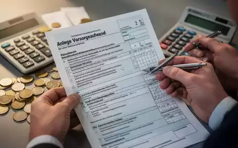 Hände halten ein deutsches Steuerformular (Anlage Vorsorgeaufwand) mit einem Stift, umgeben von einem Taschenrechner und Münzen. - Foto: über boerse-global.de