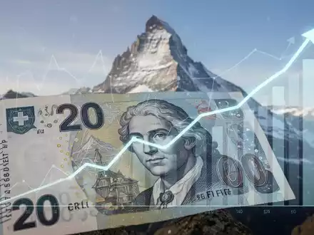 Nahaufnahme einer Schweizer 20-Franken-Banknote mit dem Matterhorn im Hintergrund und einem dezenten, aufwärts gerichteten Diagramm. - Foto: über boerse-global.de