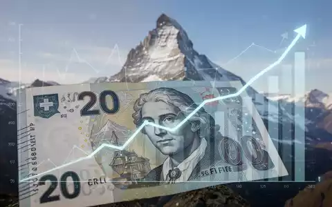Nahaufnahme einer Schweizer 20-Franken-Banknote mit dem Matterhorn im Hintergrund und einem dezenten, aufwärts gerichteten Diagramm. - Foto: über boerse-global.de
