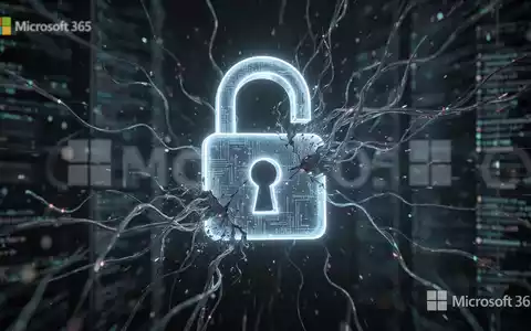 A glowing, ominous digital padlock icon superimposed over a blurred background of data streams and a subtle Microsoft 365 logo, symbolizing a security breach. - Foto: über boerse-global.de