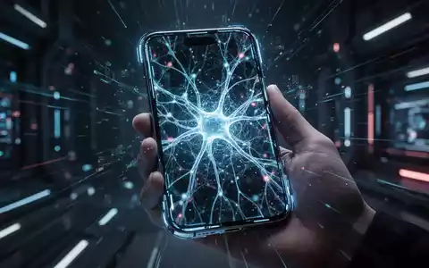 Ein iPhone-Bildschirm zeigt leuchtende, abstrakte KI-Muster, gehalten von einer Hand in einer dunklen, technologischen Umgebung. - Foto: über boerse-global.de