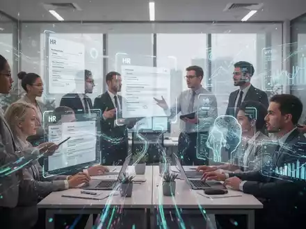 Menschen arbeiten in einem modernen Büro mit holografischen Bildschirmen, die HR-Formulare und KI-Analysen anzeigen. - Foto: über boerse-global.de