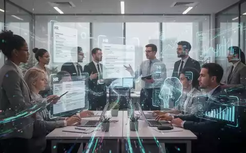 Menschen arbeiten in einem modernen Büro mit holografischen Bildschirmen, die HR-Formulare und KI-Analysen anzeigen. - Foto: über boerse-global.de