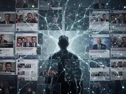 A glowing neural network symbolizing AI's impact on media, overlaid on fragmented digital news feeds and social media interfaces. - Foto: über boerse-global.de