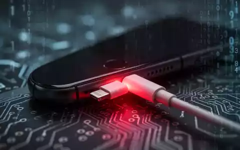 A close-up of an iPhone's charging port with a USB cable inserted, glowing red, suggesting a security vulnerability. - Foto: über boerse-global.de