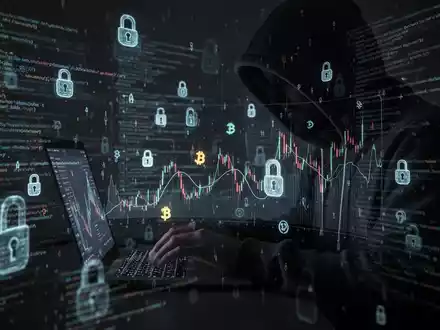 A person in a hoodie types on a laptop, with digital code and lock icons surrounding them, symbolizing cybercrime. - Foto: über boerse-global.de