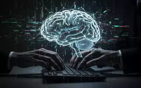 A glowing, glitching neural network brain hovers over a shadowy hand typing on a keyboard, symbolizing AI-created security threats. - Foto: über boerse-global.de