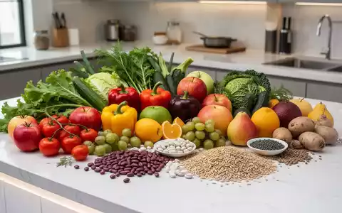 Eine Stillleben-Anordnung von frischem Gemüse, Obst, Hülsenfrüchten und Vollkornprodukten auf einer modernen Küchenarbeitsplatte. - Foto: über boerse-global.de