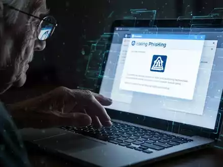 Eine ältere Hand zögert über einer Laptoptastatur, ein Phishing-E-Mail mit Banklogo auf dem Bildschirm. Symbolisiert Cyber-Betrug. - Foto: über boerse-global.de