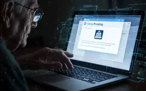 Eine ältere Hand zögert über einer Laptoptastatur, ein Phishing-E-Mail mit Banklogo auf dem Bildschirm. Symbolisiert Cyber-Betrug. - Foto: über boerse-global.de