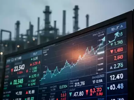 Nahaufnahme eines modernen Börsentickers mit Finanzdaten und einer Fabrik im Hintergrund. - Foto: über boerse-global.de