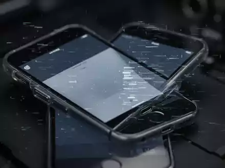 An older model iPhone with a subtle digital glitch effect on its screen, set against a dark, blurred background. - Foto: über boerse-global.de