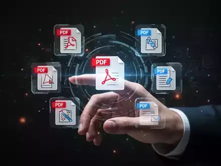 A hand interacting with a holographic interface displaying PDF icons and document management tools. - Foto: über boerse-global.de